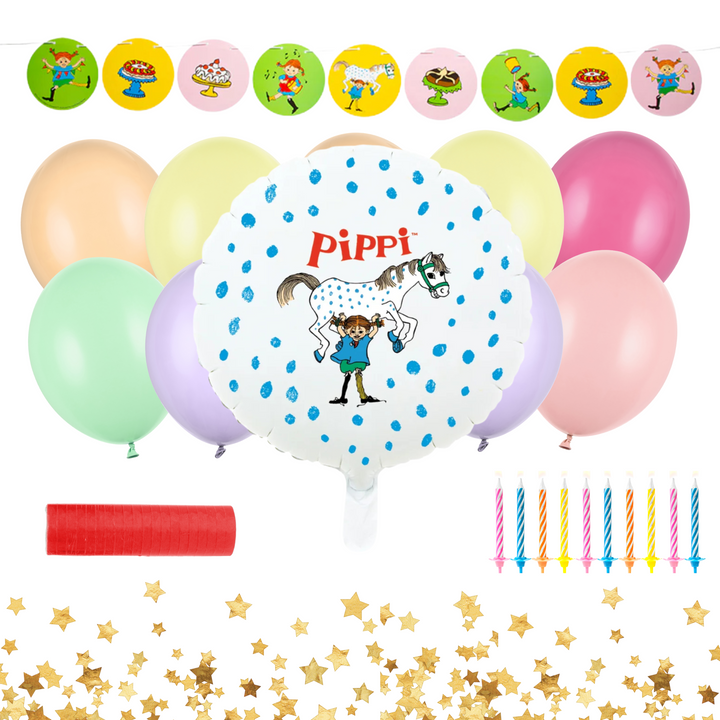Dekorations kit med Pippi Långstrump tema pynta och dekorera till pippi kalas och födelsedag.
