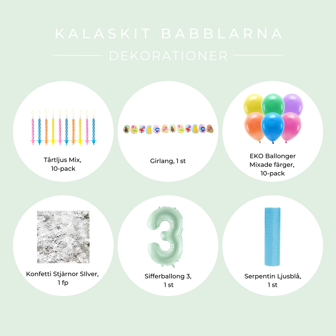 Innehåll Babblarna dekorationskit 3 år.