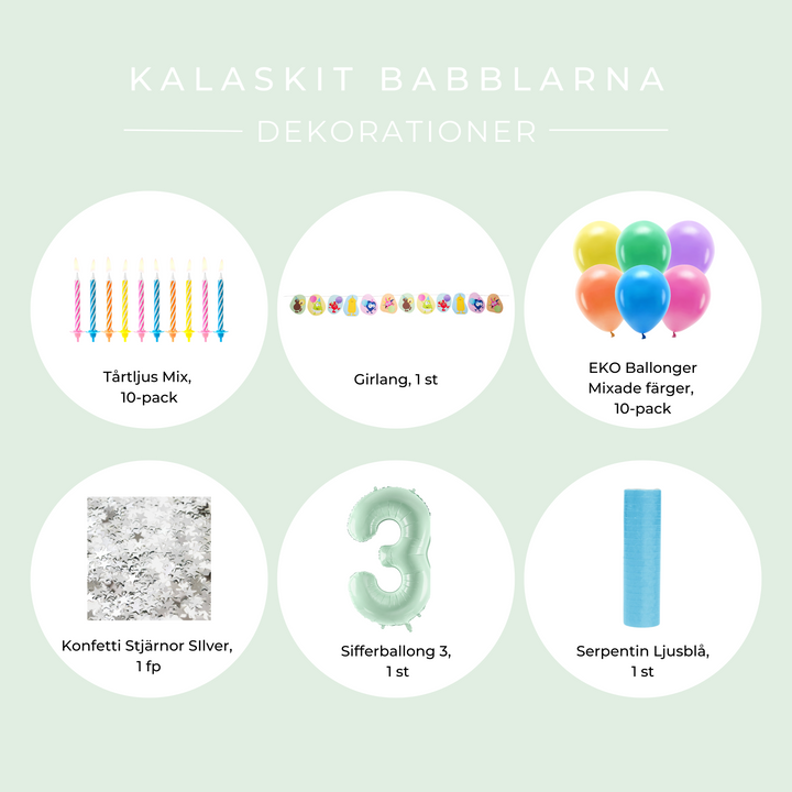 Innehåll Babblarna dekorationskit 3 år.