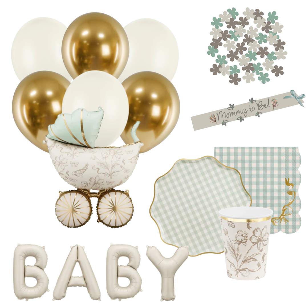 Babyshower-kit med dekorationer och duknings tillbehör i grönt, beige och guld för Babyshower