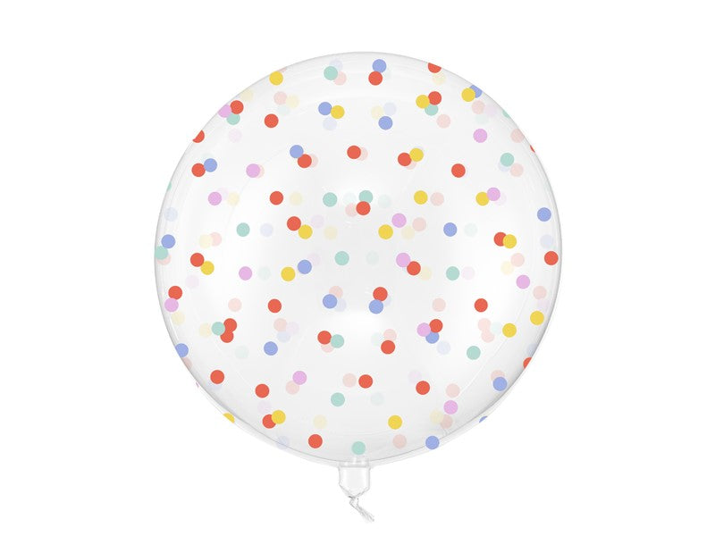 Transparent Ballong Bubbla 60 cm med färgglada prickar i rött, blått, gult, grönt och rosa.