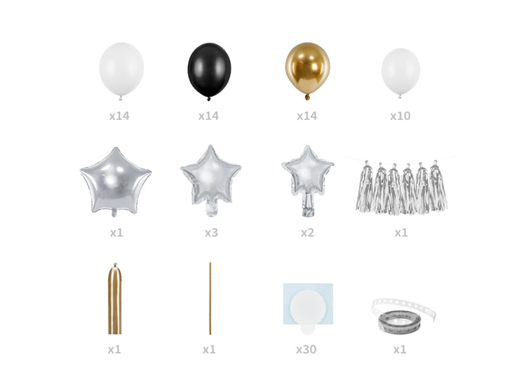 Innehåll till ballongbåge i svart, vitt, guld och silver med stjärnballonger och tillbehör.