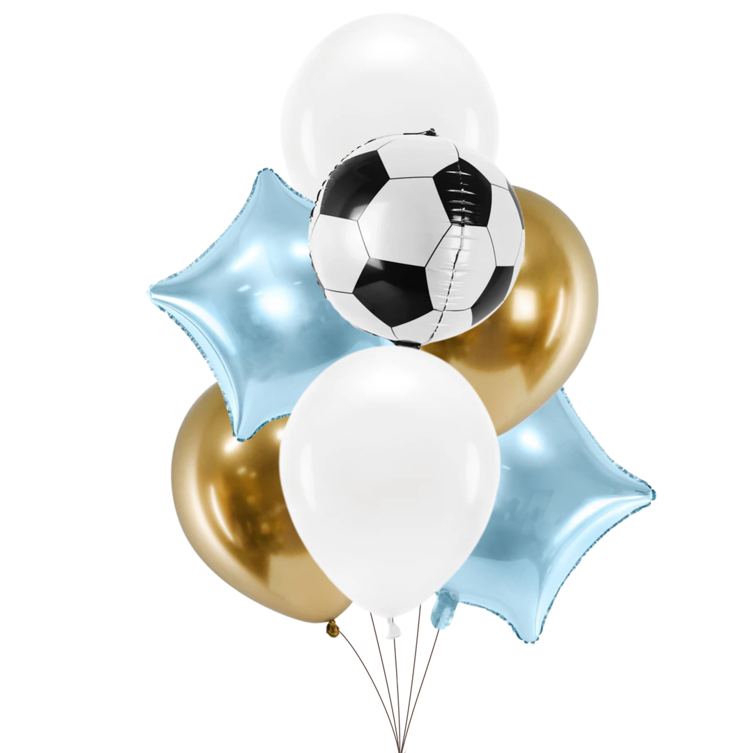 Ballongkit med fotbollsballong, stjärnballong och matchande latexballonger ballonger i vitt, blått och guld till barnkalas och fotbollsfest.