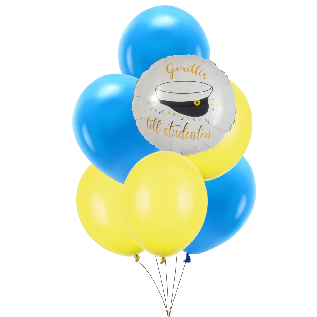 Ballongkit i gult och blått med matchande vit folieballong med texten grattis till studenten och en studentmössa, till student och examensfirande