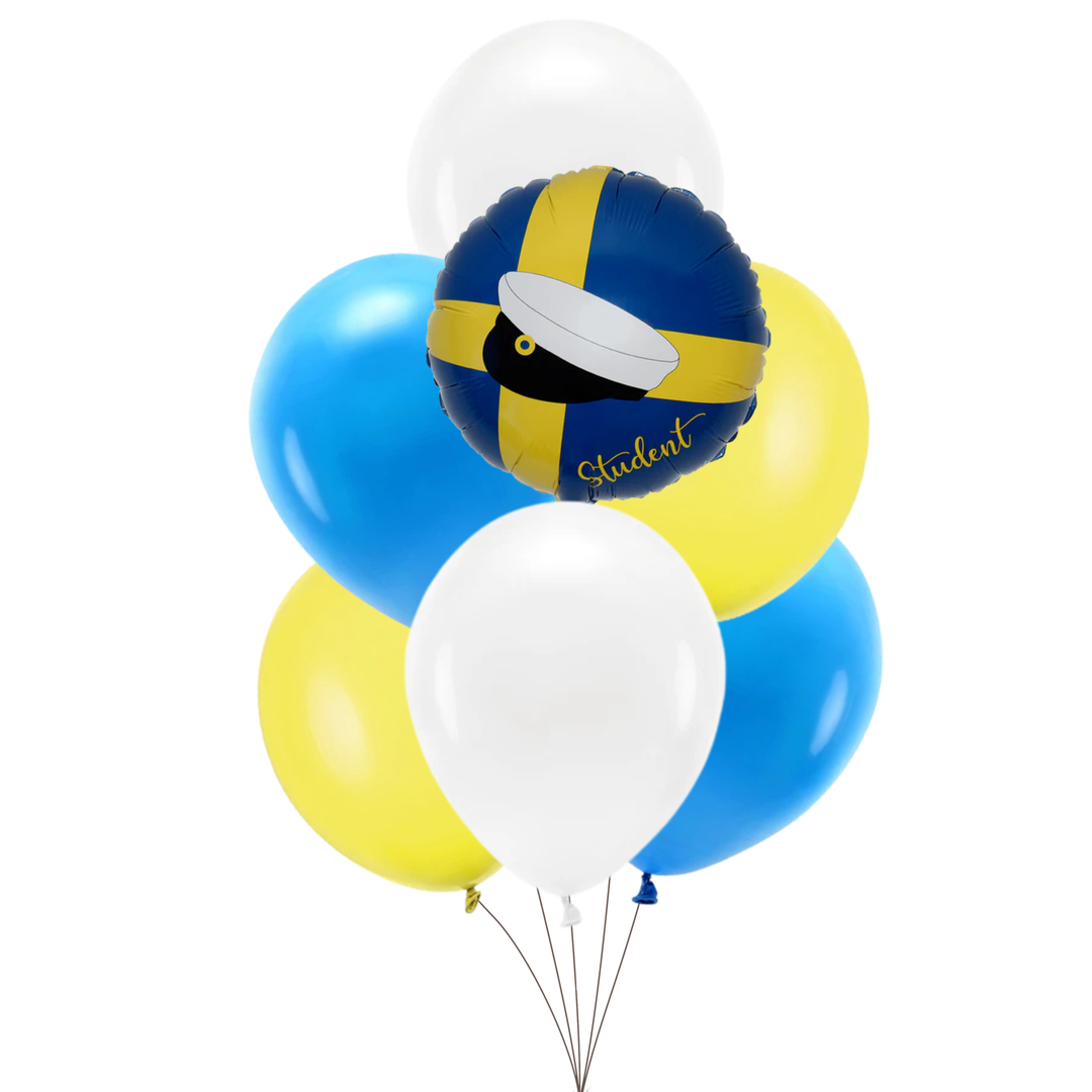 Ballongkit i gult och blått med latexballonger och matchande folieballong med svenska flaggan och studentmössa för studentfirande och fest