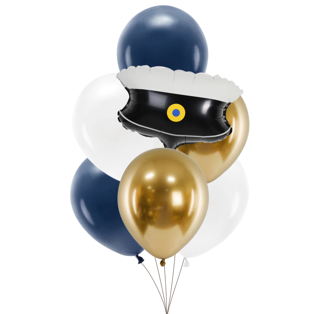 Ballongkit i marinblått, vitt och guld med matchande folieballong med formen av en studentmössa för student och examensfirande.