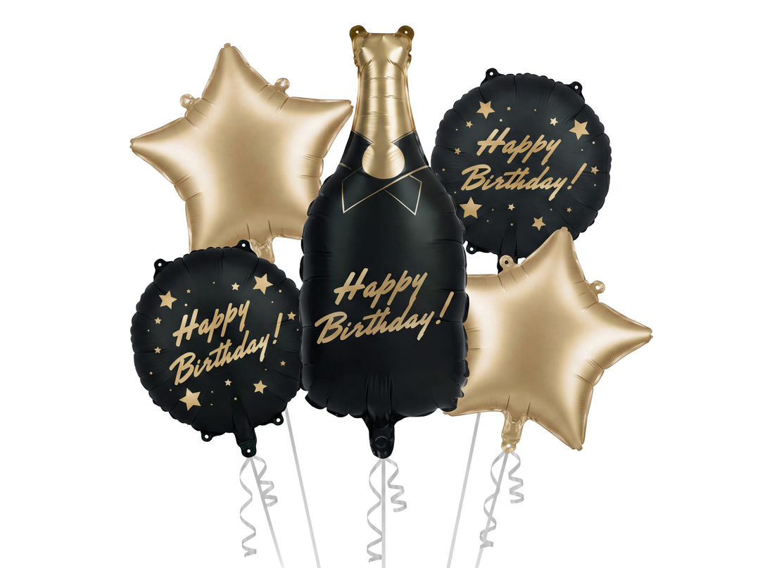 Balllongkit Happy Birthday i svart och guld med champagneflaska med Happy Birthday-text och guldfärgade stjärnor. Passar till födelsedagsfest och jubileum.