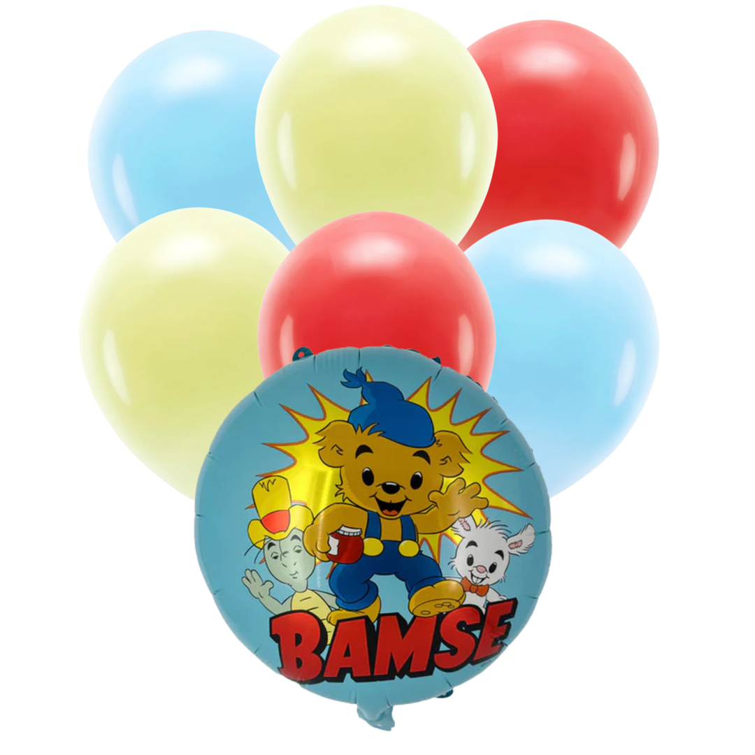 Bamse ballongkit med 30 latexballonger i färgerna blå, gul och röd med matchande Bamse-folieballong, för barnkalas och Bamse kalas