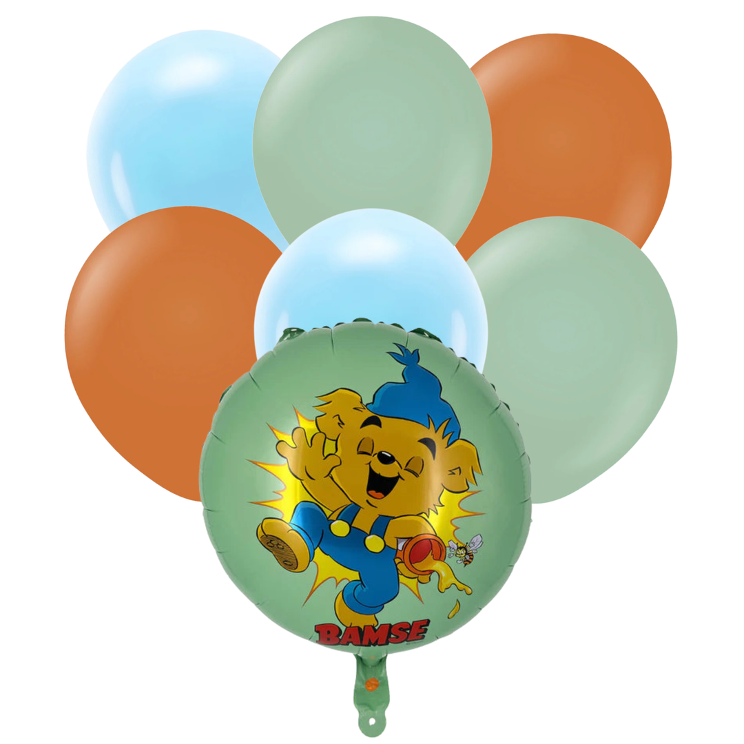 Bamse ballongkit med 30 latexballonger i färgerna ljusblå, grön och brun med matchande Bamse-folieballong, för barnkalas och bamse kalas.