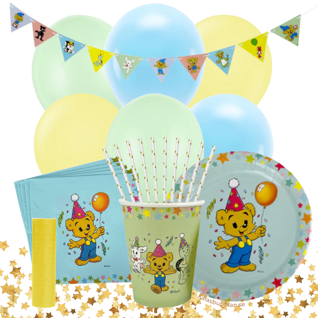 Bamse Kalas Kalaskit med dukning och dekorationer till Bamsekalas och barnkalas