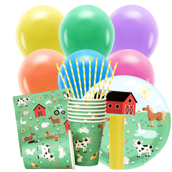Bondgård Kalaskit med tallrikar, muggar, servetter, ballonger och sugrör till barnkalas och fest