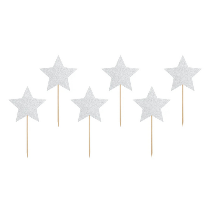 6- pack stjärnformade Cake Picks i silverfärg. Passar till fest och kalas.