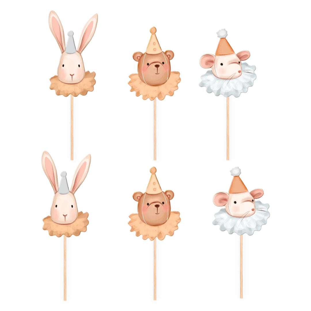 6-pack cake picks/ toppers med motivbilder av nalle, möss och kanin. Tårtdekorationer till barnkalas och fest