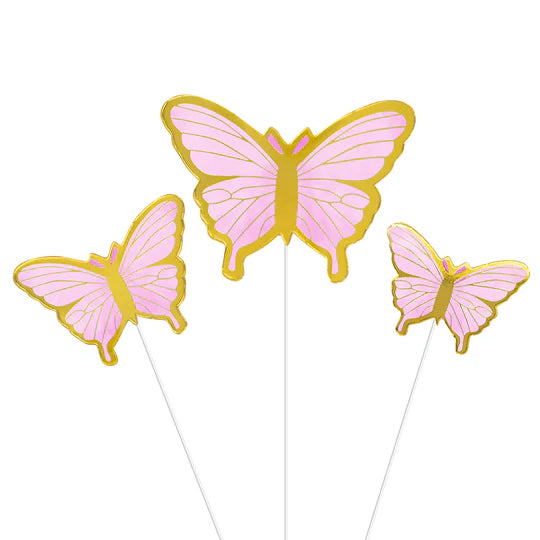 10 tårtdekorationer med form av små pappersfjärilar i rosa och guld, för dop, babyshower och fest