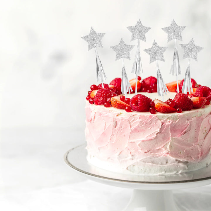 Cake Picks silverstjärna och tassel. Dekorerad till fest, födelsedagskalas och nyårsfirande.