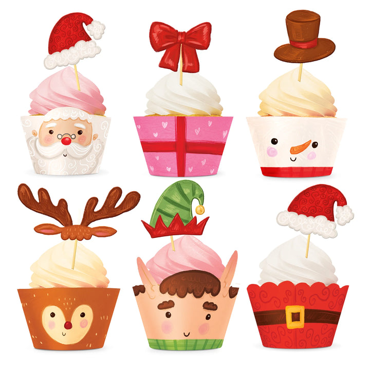 Cupcake wrappers och cake picks 12-delar med julmotiv. 