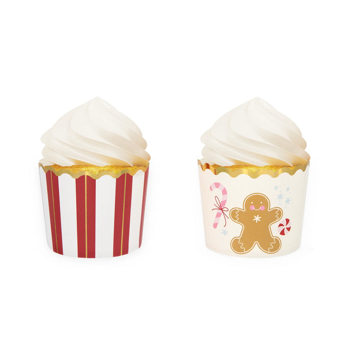 Cupcake wrappers i färgerna rött, guld och vitt med pepparkaksmotiv, 50-pack. 