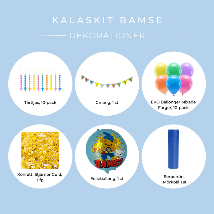 Innehåll dekorationskit med Bamsemotiv för barnkalas och fest