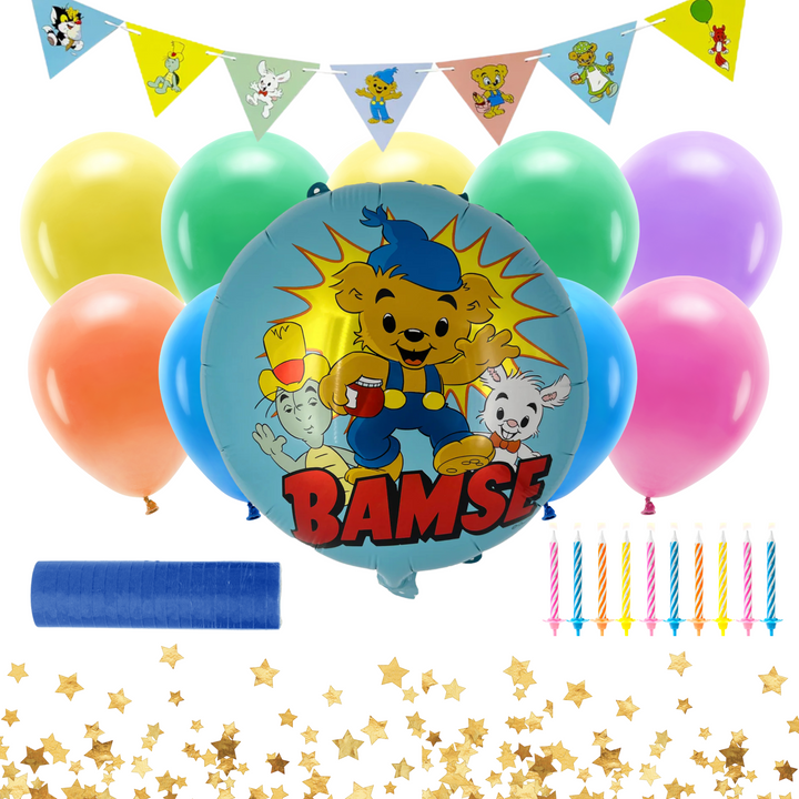 Färdigt dekorationskit med Bamsemotiv för barnkalas och fest