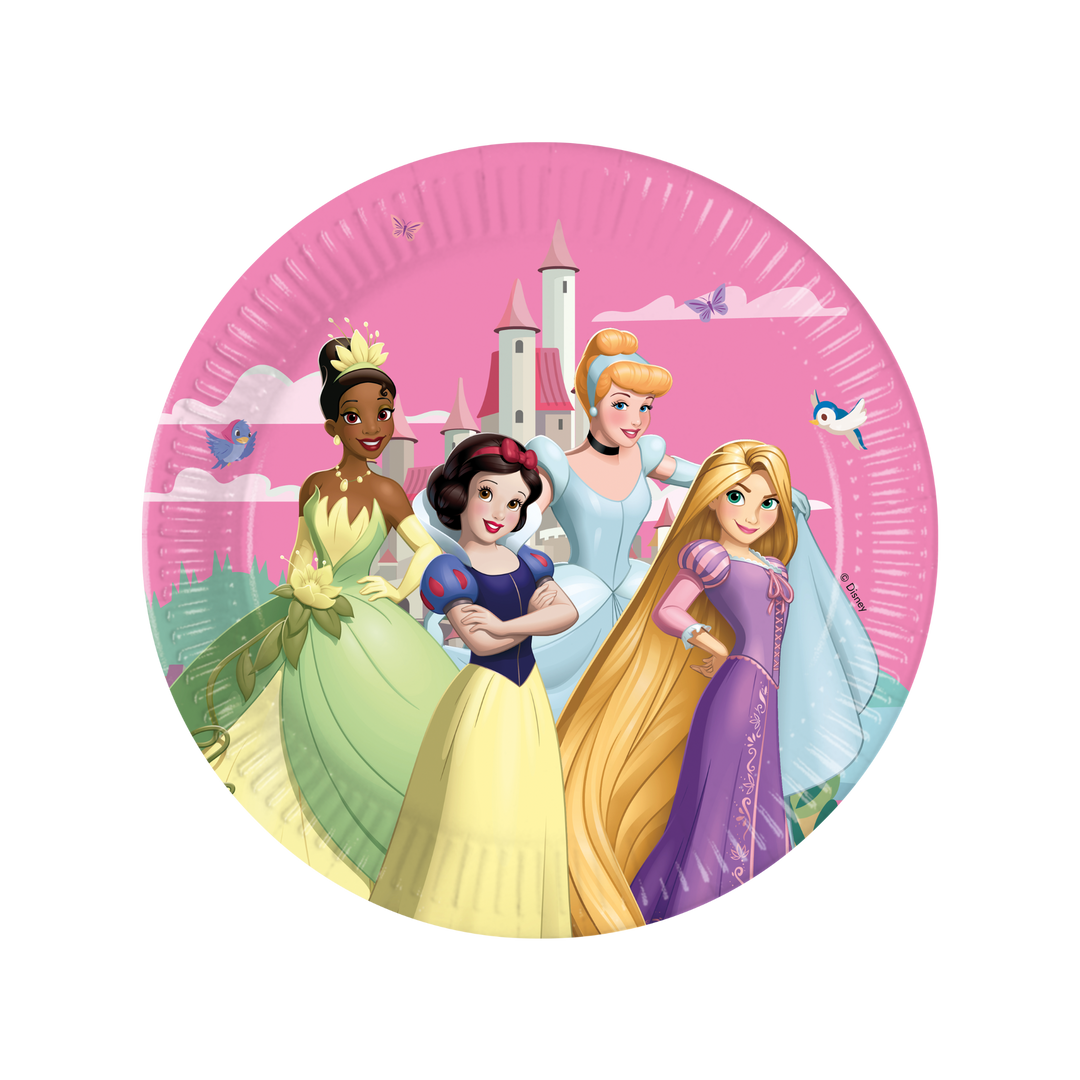 Papptallrik med Tiana, Snövit, Askungen och Rapunzel från Disney Prinsessor för barnkalas och prinsesskalas