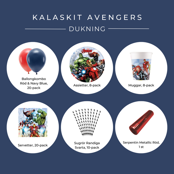 Innehåll dukningskit Avengers till födelsedag och barnkalas.
