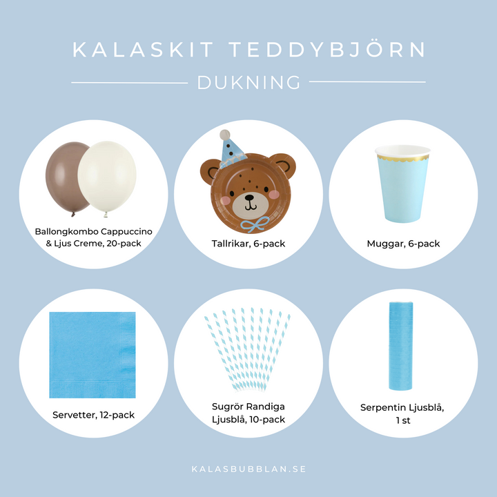 Innehållsbild för dukningskit Teddybjörn Blå. Tallrikar, muggar, ballonger, servetter för kalasdukning till dop och barnkalas