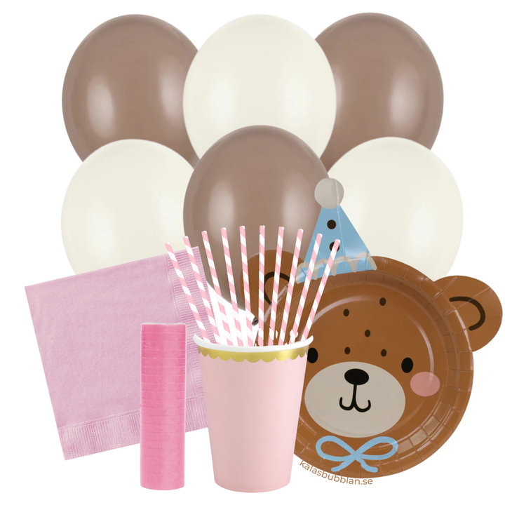 Färdigt dukningskit för 6 personer med muggar och servett i rosa färg och tallrikar med teddybjörn-motiv, ballonger i vitt och brunt till barnkalas, dop och födelsedag.