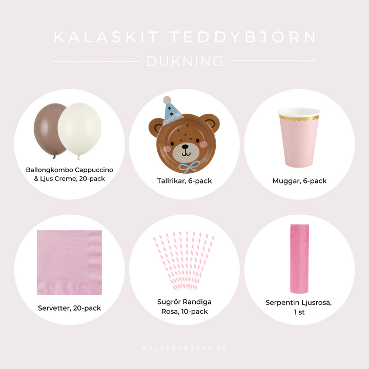 Innehållsbild duknings-kit i temat Teddybjörn Rosa med tallrikar, muggar, servetter, sugrör, ballonger och dekorationer till barnkalas.