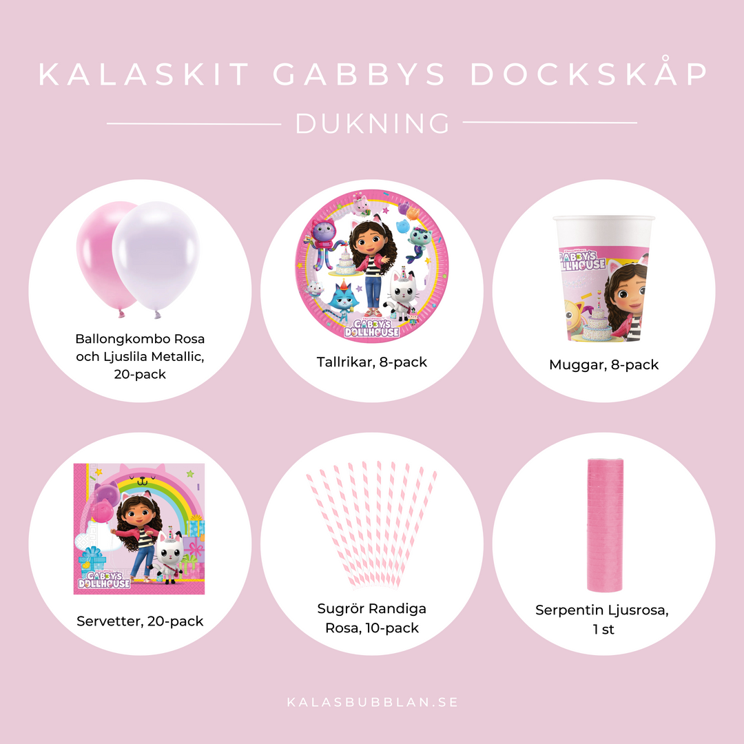 Innehåll dukningskit Gabbys dockskåp till födelsedag och barnkalas.