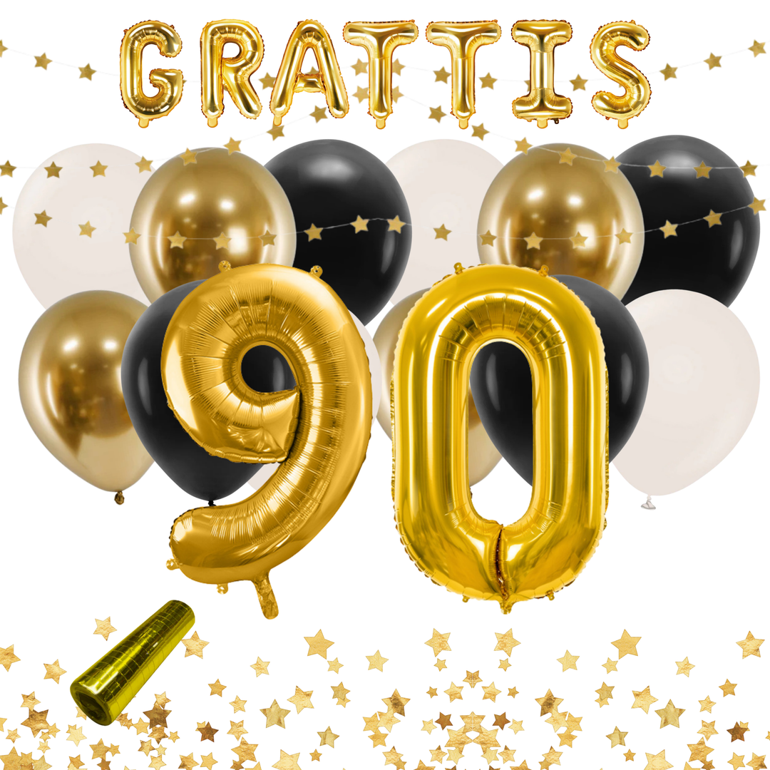 Festkit med dekorationer i färgerna svart och guld för 90-årsfest och födelsedag.