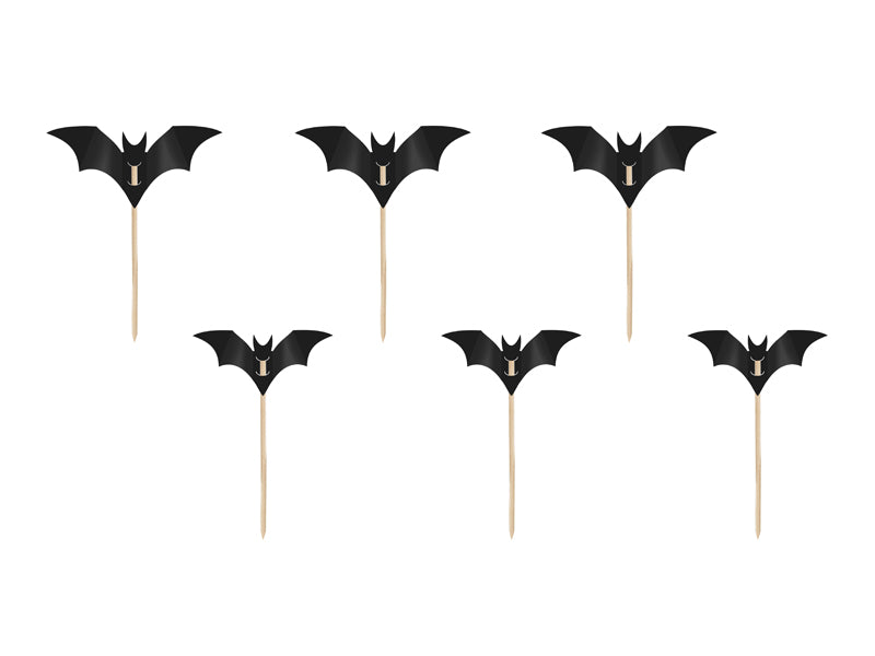 Cake picks med motiv av svarta fladdermöss i papper på träpinne 6-pack till barnkalas, Batman-kalas och halloweenfest