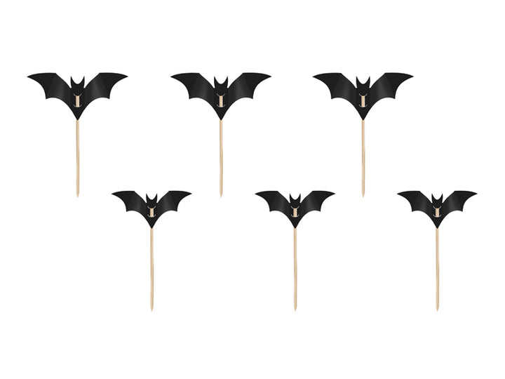 Cake picks med motiv av svarta fladdermöss i papper på träpinne 6-pack till barnkalas, Batman-kalas och halloweenfest