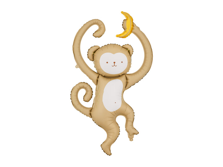 Folieballong i beige färg föreställande en apa som håller i en banan, för barnkalas och fest.