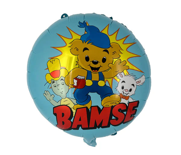 Folieballong i blå färg med motiv av Bamse och hans vänner, 35 cm, för barnkalas.