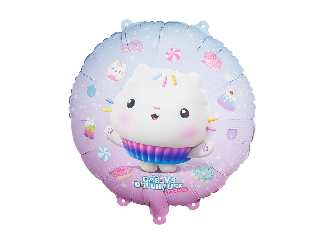 Folieballong  i lila och rosa färg med motiv från Gabbys Dockskåp, för barnkalas.