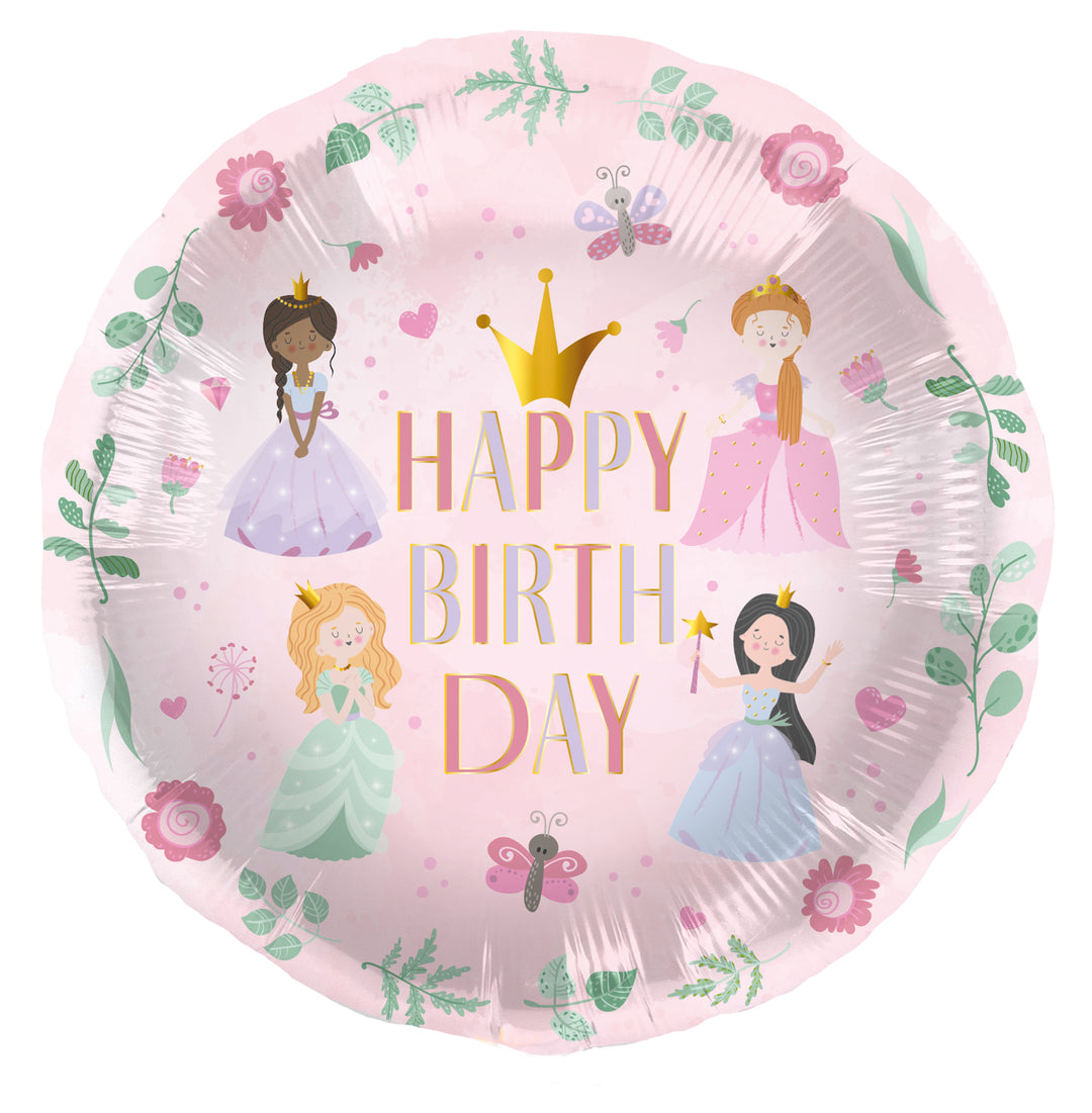 Rund folieballong i rosa färg med motiv av prinsessor, blommor och fjärilar, för barnkalas.