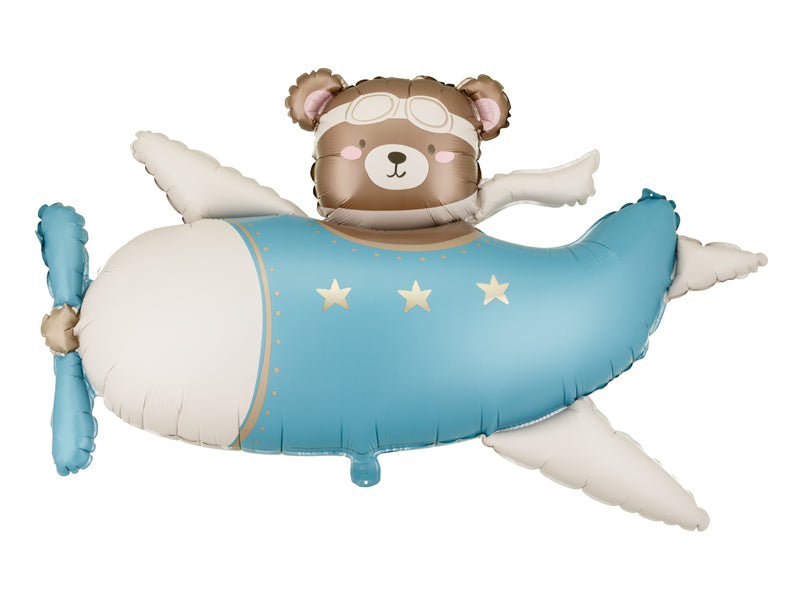 Folieballong i blått med motiv av en teddybjörn i ett flygplan, för babyshower och barnkalas