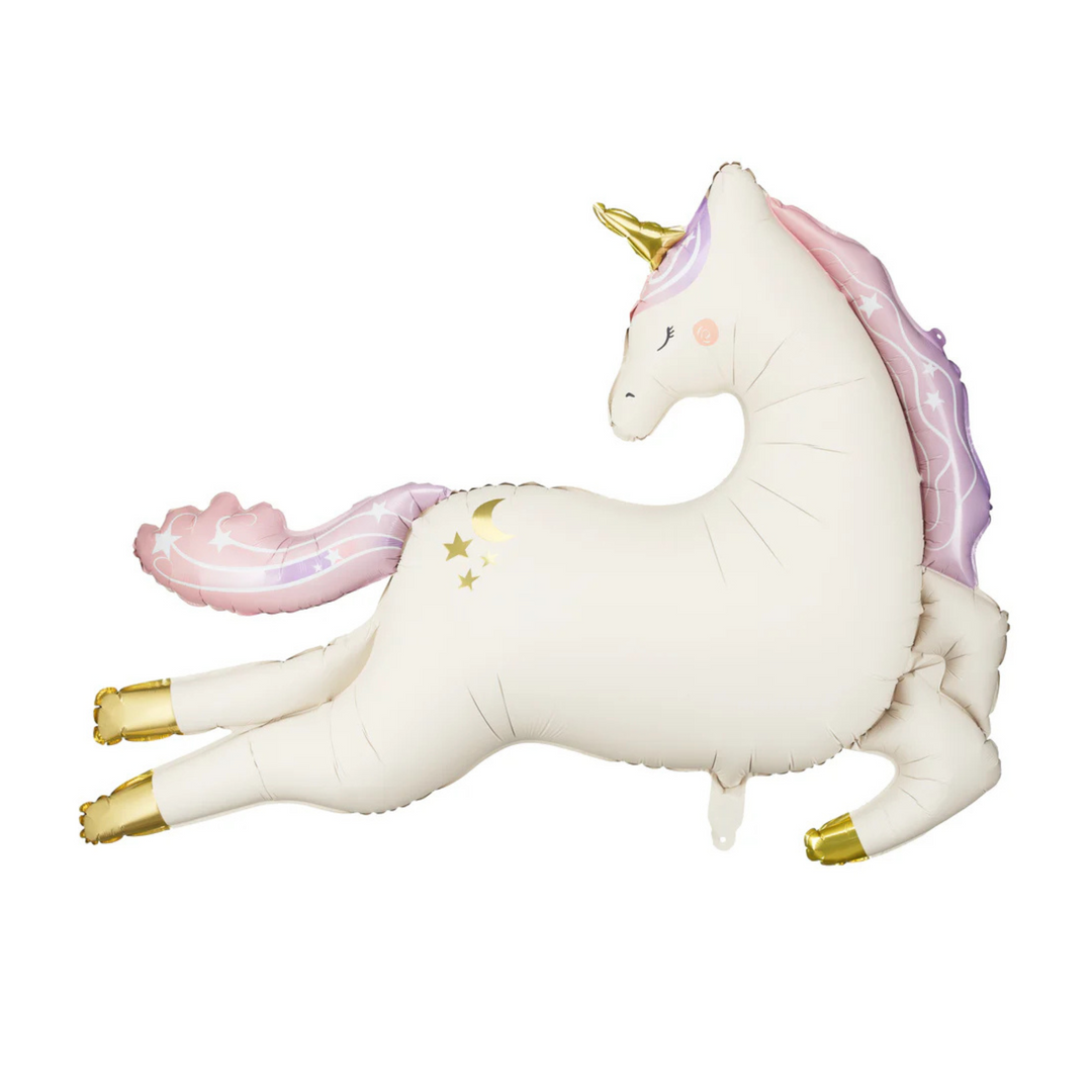 Unicorn folieballong med formen av en enhörning i färgerna vitt, rosa och guld dekoration för barnkalas och enhörningskalas