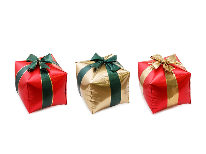 3-pack folieballonger formade som  julklappar i färgerna rött, guld och grönt.