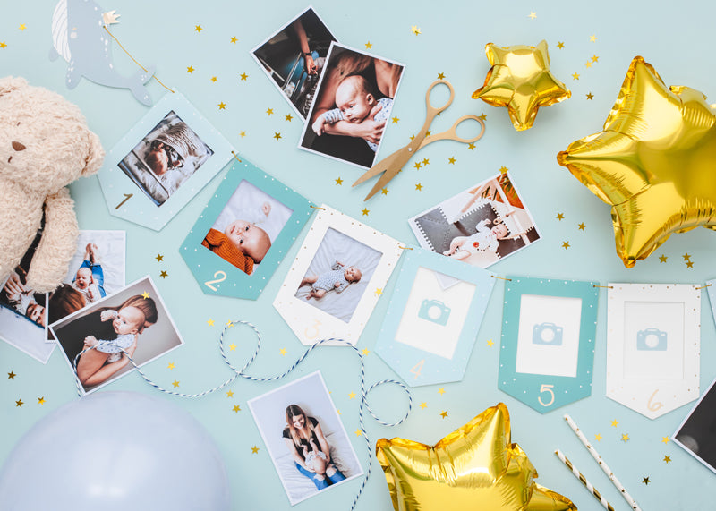 Fotoramar i blått inspirationsbild till 1-årsklas och fest