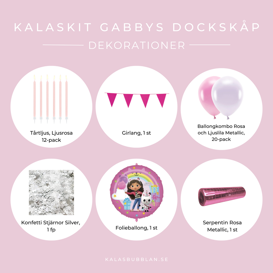Innehåll Gabbys Dockskåp dekorationer till födelsedag och kalas.