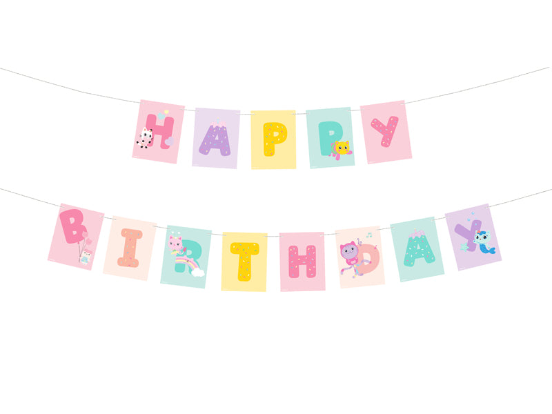 Girlang med Gabbys Dockskåp-motiv med texten Happy Birthday 180 cm, till barnkalas och födelsedag
