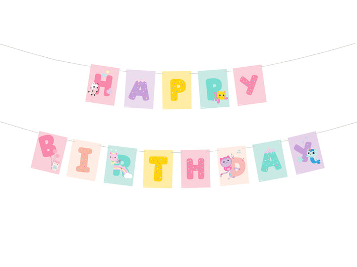 Girlang med Gabbys Dockskåp-motiv med texten Happy Birthday 180 cm, till barnkalas och födelsedag