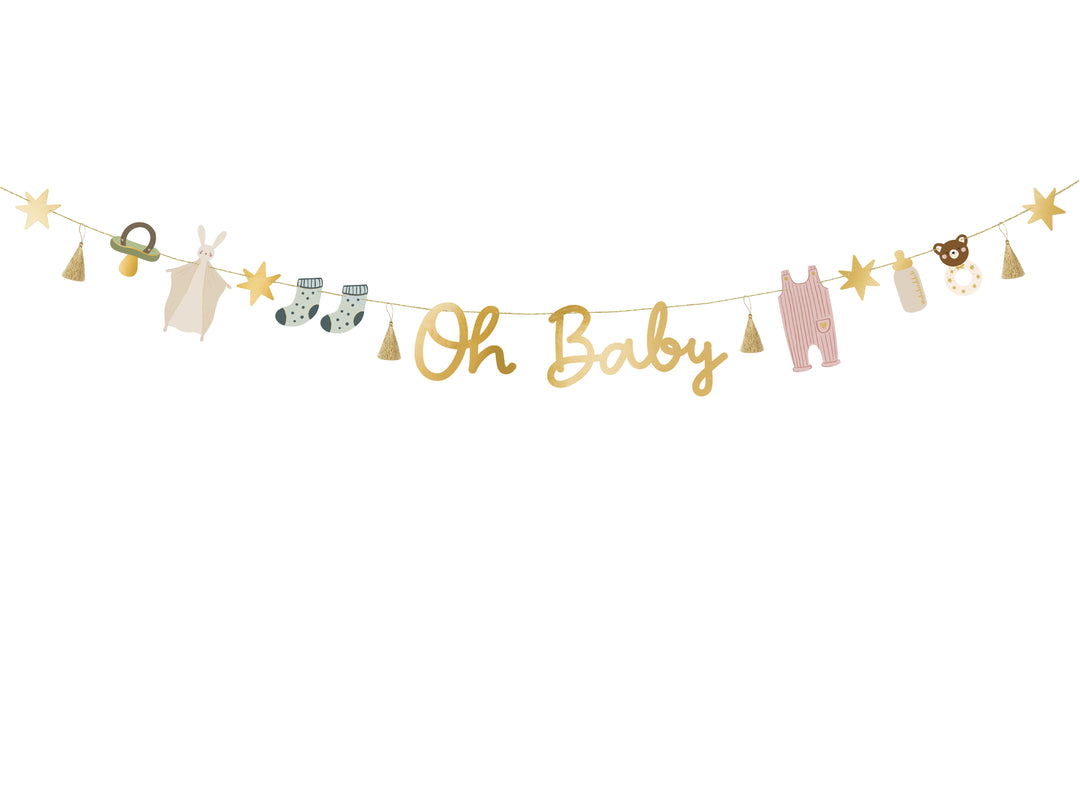 Girlang med texten Oh Baby och babyinspirerande motiv i papper 2,5m till babyshower, dop och barnkalas