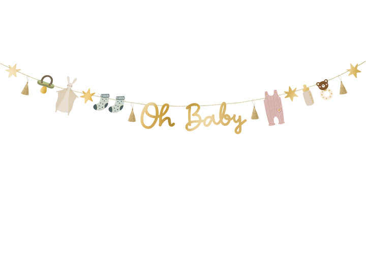 Girlang med texten Oh Baby och babyinspirerande motiv i papper 2,5m till babyshower, dop och barnkalas