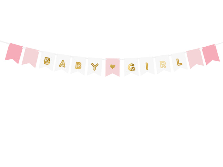 Girlang i rosa nyanser med vimplar och texten Baby Girl i guld för baby shower och fest