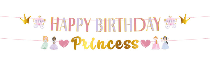 Girlang 1,5 m i färgerna rosa, lila och guld med prinsessmotiv och texten Happy Birthday, för barnkalas.