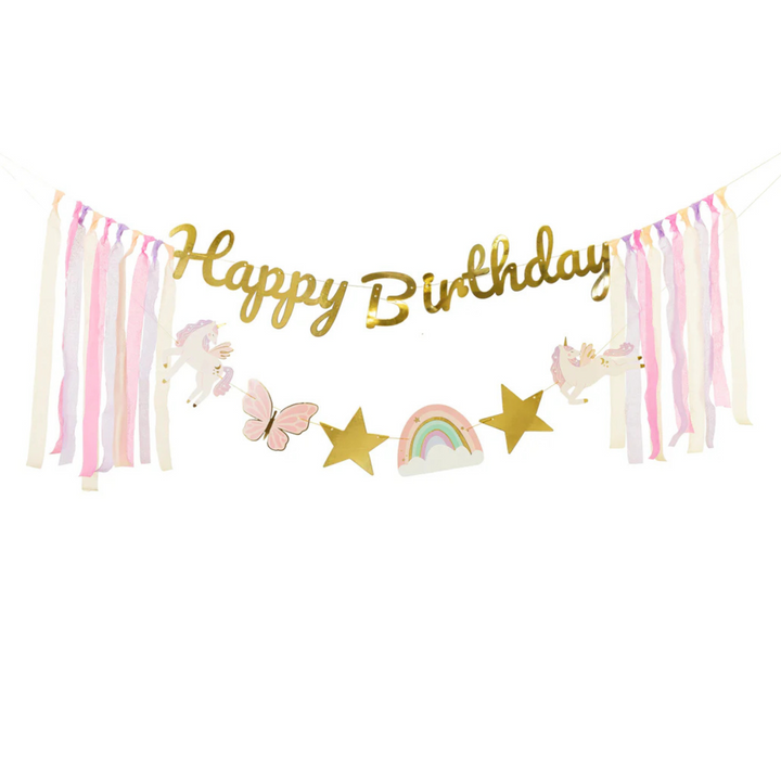  Girlang med unicornmotiv i vitt och rosa och texten Happy Birthday i guld, 2,3 m.