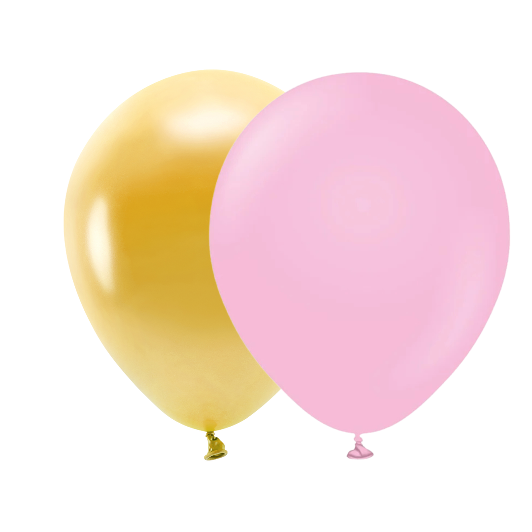 20 latexballonger från 30 cm i rosa och metallic guld till barnkalas, babyshower, dop, födelsedag och fest.
