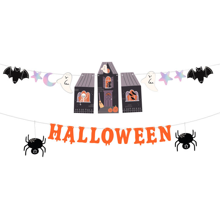 Halloween Spooky Friends girlang 135 x 45 cm med spökhus, spöken, fladdermöss, spindlar och ordet Halloween.